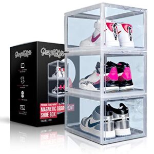 pumps&kicks shoe storage organizer boxes | 3 pack | clear plastic | stackable for closet | drop front opening | extra large for high top sneakers, mens size 14 and womens high heels (clear)