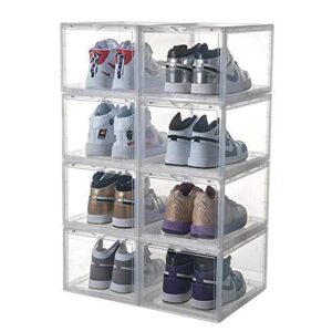 PUMPS&KICKS Shoe Storage Organizer Boxes | 3 Pack | Clear Plastic | Stackable for Closet | Drop Front Opening | Extra Large for High Top sneakers, Mens size 14 and Womens High Heels (Clear)