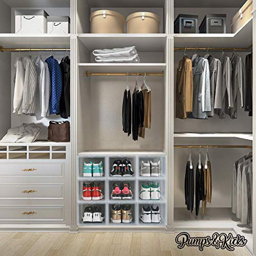 PUMPS&KICKS Shoe Storage Organizer Boxes | 3 Pack | Clear Plastic | Stackable for Closet | Drop Front Opening | Extra Large for High Top sneakers, Mens size 14 and Womens High Heels (Clear)