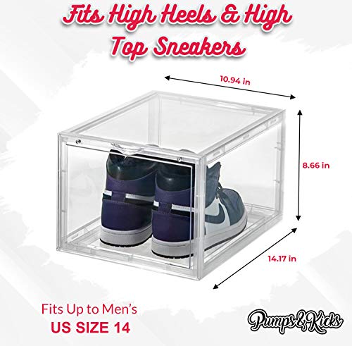 PUMPS&KICKS Shoe Storage Organizer Boxes | 3 Pack | Clear Plastic | Stackable for Closet | Drop Front Opening | Extra Large for High Top sneakers, Mens size 14 and Womens High Heels (Clear)