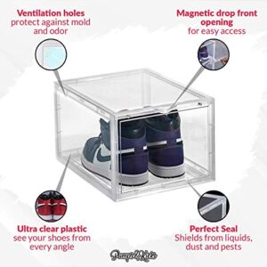 PUMPS&KICKS Shoe Storage Organizer Boxes | 3 Pack | Clear Plastic | Stackable for Closet | Drop Front Opening | Extra Large for High Top sneakers, Mens size 14 and Womens High Heels (Clear)