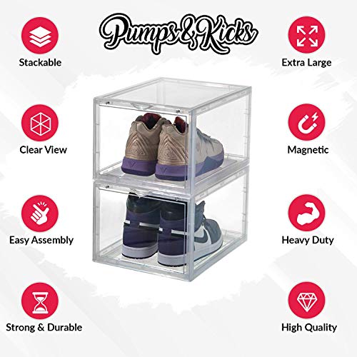 PUMPS&KICKS Shoe Storage Organizer Boxes | 3 Pack | Clear Plastic | Stackable for Closet | Drop Front Opening | Extra Large for High Top sneakers, Mens size 14 and Womens High Heels (Clear)