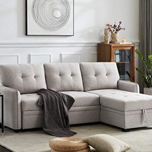 INFINI FURNISHINGS 84" Wide Sectional Sofa with Pull Out Sleeper Bed, Reversible Storage Chaise Lounge, Modern Tufted Line Design Sofabed, Light Gray