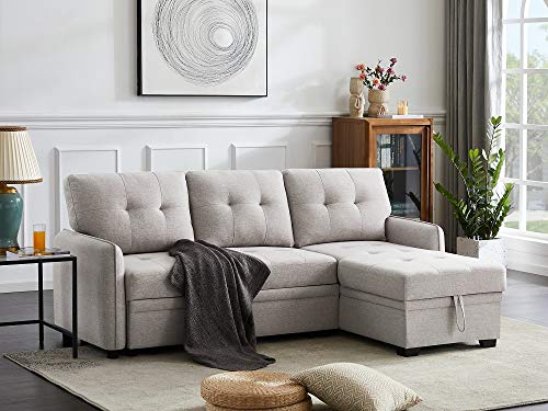 INFINI FURNISHINGS 84" Wide Sectional Sofa with Pull Out Sleeper Bed, Reversible Storage Chaise Lounge, Modern Tufted Line Design Sofabed, Light Gray