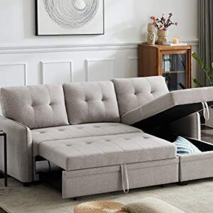 INFINI FURNISHINGS 84" Wide Sectional Sofa with Pull Out Sleeper Bed, Reversible Storage Chaise Lounge, Modern Tufted Line Design Sofabed, Light Gray