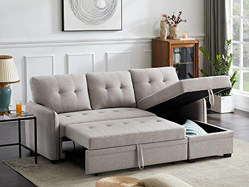 INFINI FURNISHINGS 84" Wide Sectional Sofa with Pull Out Sleeper Bed, Reversible Storage Chaise Lounge, Modern Tufted Line Design Sofabed, Light Gray