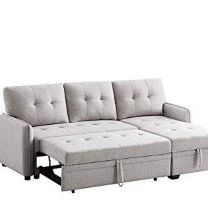 INFINI FURNISHINGS 84" Wide Sectional Sofa with Pull Out Sleeper Bed, Reversible Storage Chaise Lounge, Modern Tufted Line Design Sofabed, Light Gray