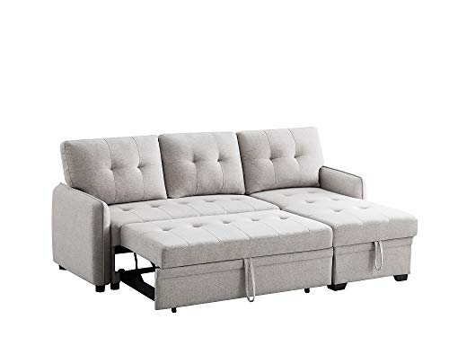 INFINI FURNISHINGS 84" Wide Sectional Sofa with Pull Out Sleeper Bed, Reversible Storage Chaise Lounge, Modern Tufted Line Design Sofabed, Light Gray