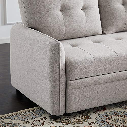 INFINI FURNISHINGS 84" Wide Sectional Sofa with Pull Out Sleeper Bed, Reversible Storage Chaise Lounge, Modern Tufted Line Design Sofabed, Light Gray