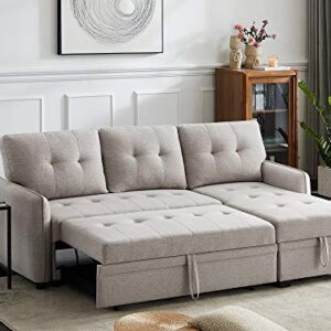 INFINI FURNISHINGS 84" Wide Sectional Sofa with Pull Out Sleeper Bed, Reversible Storage Chaise Lounge, Modern Tufted Line Design Sofabed, Light Gray