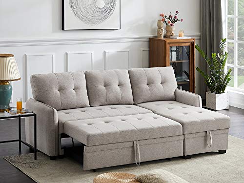 INFINI FURNISHINGS 84" Wide Sectional Sofa with Pull Out Sleeper Bed, Reversible Storage Chaise Lounge, Modern Tufted Line Design Sofabed, Light Gray