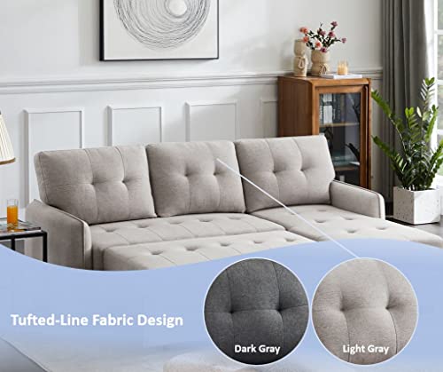 INFINI FURNISHINGS 84" Wide Sectional Sofa with Pull Out Sleeper Bed, Reversible Storage Chaise Lounge, Modern Tufted Line Design Sofabed, Light Gray