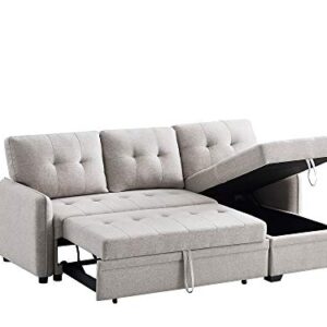 INFINI FURNISHINGS 84" Wide Sectional Sofa with Pull Out Sleeper Bed, Reversible Storage Chaise Lounge, Modern Tufted Line Design Sofabed, Light Gray