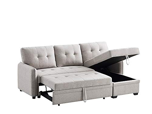 INFINI FURNISHINGS 84" Wide Sectional Sofa with Pull Out Sleeper Bed, Reversible Storage Chaise Lounge, Modern Tufted Line Design Sofabed, Light Gray