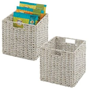 mdesign seagrass woven cube storage bin basket organizer with handles for kitchen pantry, cabinet, cupboard - shelf and cubby organization, holds food, drinks, snacks, appliances - 2 pack - white wash