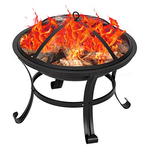 Douup 22-Inch Fire Bowl Backyard Fire Pit with Mesh Screen Cover, Log Grate, Firepit Poker, Waterproof Cover, Wood Burning Stove for Camping, Bonfire, Patio, Park