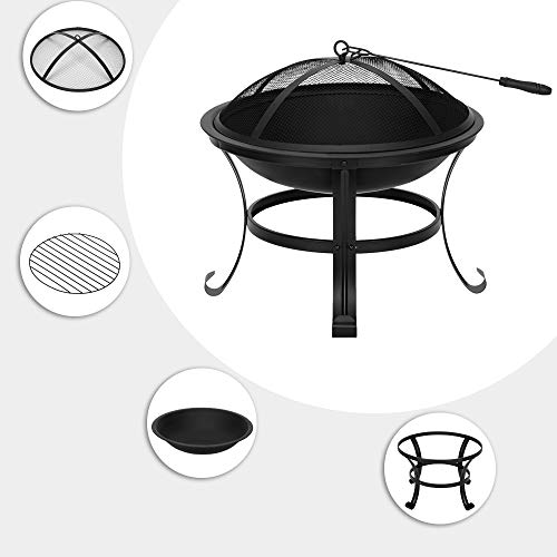 Douup 22-Inch Fire Bowl Backyard Fire Pit with Mesh Screen Cover, Log Grate, Firepit Poker, Waterproof Cover, Wood Burning Stove for Camping, Bonfire, Patio, Park