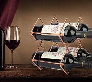 DreamiDeco Tabletop Wine Holder, Metal Countertop Wine Rack Freestanding, Hold 6 Wine Bottles,Perfect for Home Decor & Kitchen Storage, Bar, Wine Cellar, Cabinet, Pantry,Bar (Rose Gold, 2 Packs)