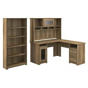 bush furniture cabot l desk with hutch and 5 shelf bookcase, 60w, reclaimed pine