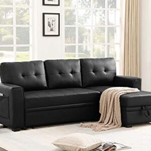 INFINI FURNISHINGS 84" Wide Sectional Sofa with Pull Out Sleeper Bed, Reversible Storage Chaise Lounge, Modern Tufted Line Design Sofabed, Faux Leather, Black