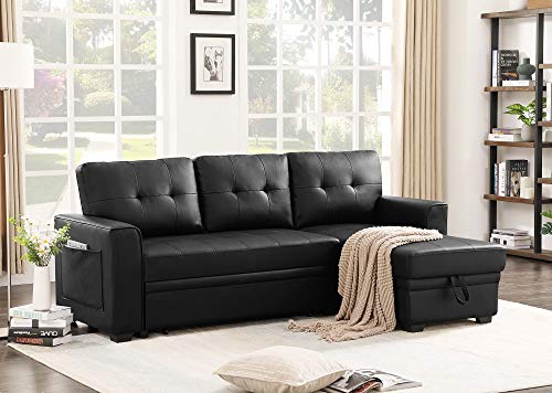 INFINI FURNISHINGS 84" Wide Sectional Sofa with Pull Out Sleeper Bed, Reversible Storage Chaise Lounge, Modern Tufted Line Design Sofabed, Faux Leather, Black