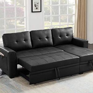 INFINI FURNISHINGS 84" Wide Sectional Sofa with Pull Out Sleeper Bed, Reversible Storage Chaise Lounge, Modern Tufted Line Design Sofabed, Faux Leather, Black