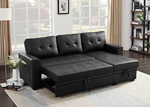 INFINI FURNISHINGS 84" Wide Sectional Sofa with Pull Out Sleeper Bed, Reversible Storage Chaise Lounge, Modern Tufted Line Design Sofabed, Faux Leather, Black