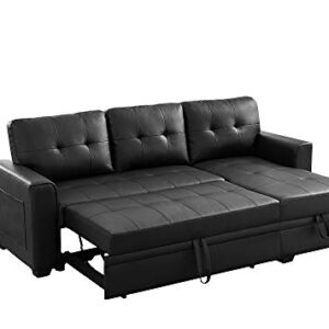 INFINI FURNISHINGS 84" Wide Sectional Sofa with Pull Out Sleeper Bed, Reversible Storage Chaise Lounge, Modern Tufted Line Design Sofabed, Faux Leather, Black