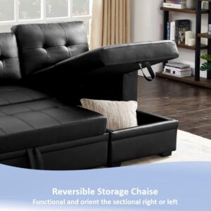 INFINI FURNISHINGS 84" Wide Sectional Sofa with Pull Out Sleeper Bed, Reversible Storage Chaise Lounge, Modern Tufted Line Design Sofabed, Faux Leather, Black