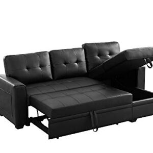 INFINI FURNISHINGS 84" Wide Sectional Sofa with Pull Out Sleeper Bed, Reversible Storage Chaise Lounge, Modern Tufted Line Design Sofabed, Faux Leather, Black