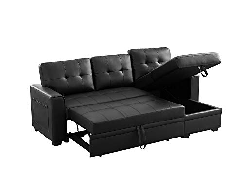 INFINI FURNISHINGS 84" Wide Sectional Sofa with Pull Out Sleeper Bed, Reversible Storage Chaise Lounge, Modern Tufted Line Design Sofabed, Faux Leather, Black