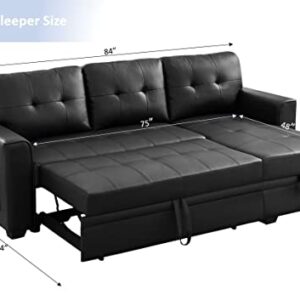 INFINI FURNISHINGS 84" Wide Sectional Sofa with Pull Out Sleeper Bed, Reversible Storage Chaise Lounge, Modern Tufted Line Design Sofabed, Faux Leather, Black