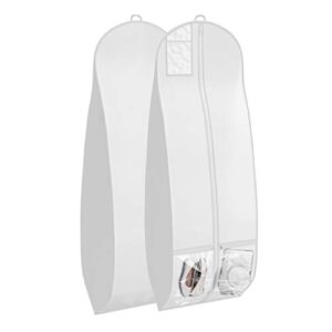 wedding dress garment bag 16 inch gusset, with shoe pockets and handle durable, rip and water resistant material large size clear vinyl pouch for labeling