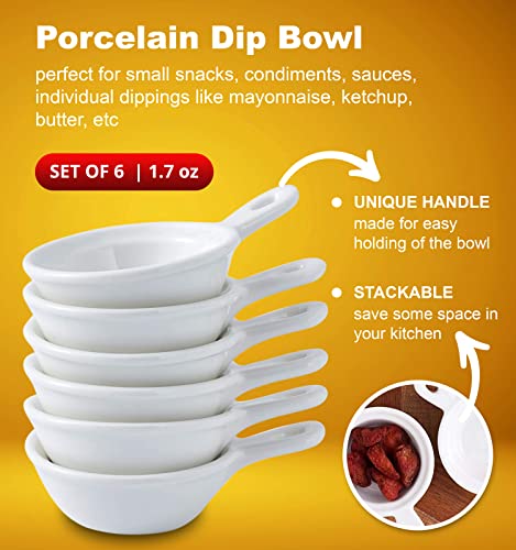 Bruntmor Set Of 6 Side Dish Porcelain Dip Bowl Set with Handle, for Soy Sauce, Ketchup, Appetizer, BBQ and Dinner, 1.7 ounce, White