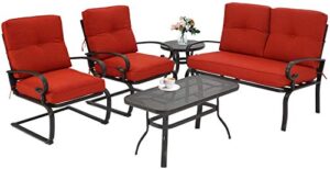 patiomore 5 pcs outdoor patio furniture conversation sets, wrought iron patio chairs bistro set w/loveseat, 2 spring chairs, and 2 bistro tables (red cushion)