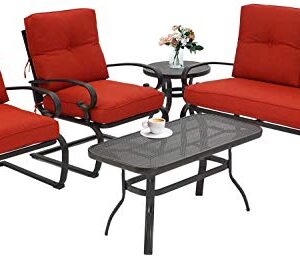 Patiomore 5 Pcs Outdoor Patio Furniture Conversation Sets, Wrought Iron Patio Chairs Bistro Set w/Loveseat, 2 Spring Chairs, and 2 Bistro Tables (Red Cushion)