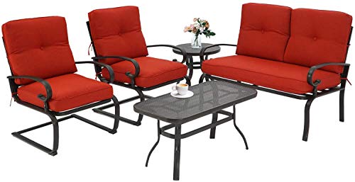 Patiomore 5 Pcs Outdoor Patio Furniture Conversation Sets, Wrought Iron Patio Chairs Bistro Set w/Loveseat, 2 Spring Chairs, and 2 Bistro Tables (Red Cushion)