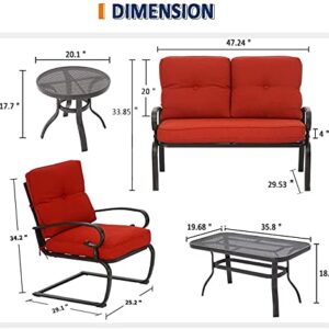 Patiomore 5 Pcs Outdoor Patio Furniture Conversation Sets, Wrought Iron Patio Chairs Bistro Set w/Loveseat, 2 Spring Chairs, and 2 Bistro Tables (Red Cushion)