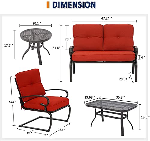 Patiomore 5 Pcs Outdoor Patio Furniture Conversation Sets, Wrought Iron Patio Chairs Bistro Set w/Loveseat, 2 Spring Chairs, and 2 Bistro Tables (Red Cushion)