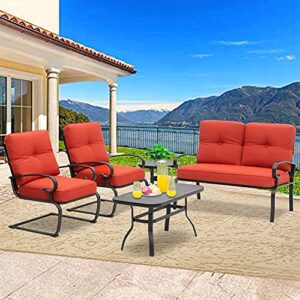 Patiomore 5 Pcs Outdoor Patio Furniture Conversation Sets, Wrought Iron Patio Chairs Bistro Set w/Loveseat, 2 Spring Chairs, and 2 Bistro Tables (Red Cushion)