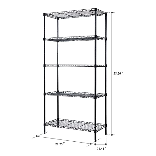 SUNNYSONG 5 Tier Metal Storage Shelves, Kitchen Storage Shelf,Metal Storage Shelves Unit Perfect for Laundry Bathroom Closet Shelves Microwave Stand (Black, (21.25 x 11.42 x 58.26))