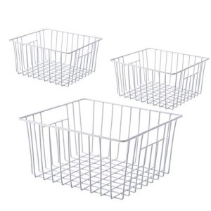 freezer wire baskets, kitchen storage organizer bins for chest and upright freezer, deep refrigerator dividers containers with handles - pearl white, set of 3