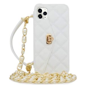 omio for iphone 12 pro handbag case with card holder wrist lanyard strap soft silicone cover wallet case for women luxury stylish long pearl crossbody chain case white
