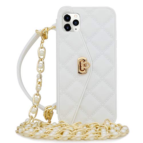 Omio for iPhone 12 Pro Handbag Case with Card Holder Wrist Lanyard Strap Soft Silicone Cover Wallet Case for Women Luxury Stylish Long Pearl Crossbody Chain Case White