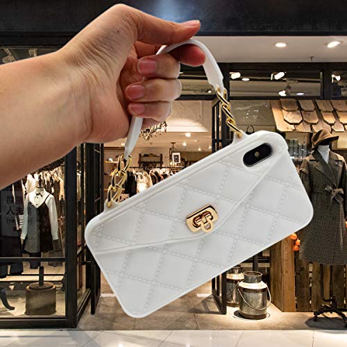 Omio for iPhone 12 Pro Handbag Case with Card Holder Wrist Lanyard Strap Soft Silicone Cover Wallet Case for Women Luxury Stylish Long Pearl Crossbody Chain Case White