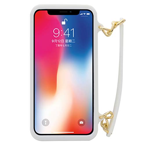 Omio for iPhone 12 Pro Handbag Case with Card Holder Wrist Lanyard Strap Soft Silicone Cover Wallet Case for Women Luxury Stylish Long Pearl Crossbody Chain Case White