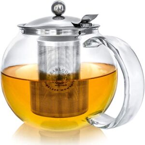 teabloom all-in-one glass teapot and tea kettle – heatproof borosilicate glass tea maker with removable stainless steel loose tea infuser – classica stovetop tea pot (40 oz)