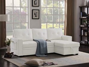 infini furnishings pu sofa & chaise 84" wide sectional sofa with pull out sleeper bed, reversible storage chaise lounge, modern tufted line faux leather design sofabed, white