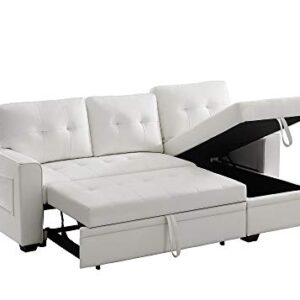 INFINI FURNISHINGS PU Sofa & Chaise 84" Wide Sectional Sofa with Pull Out Sleeper Bed, Reversible Storage Chaise Lounge, Modern Tufted Line Faux Leather Design Sofabed, White