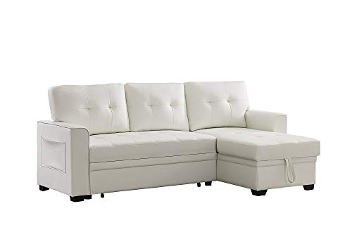 INFINI FURNISHINGS PU Sofa & Chaise 84" Wide Sectional Sofa with Pull Out Sleeper Bed, Reversible Storage Chaise Lounge, Modern Tufted Line Faux Leather Design Sofabed, White